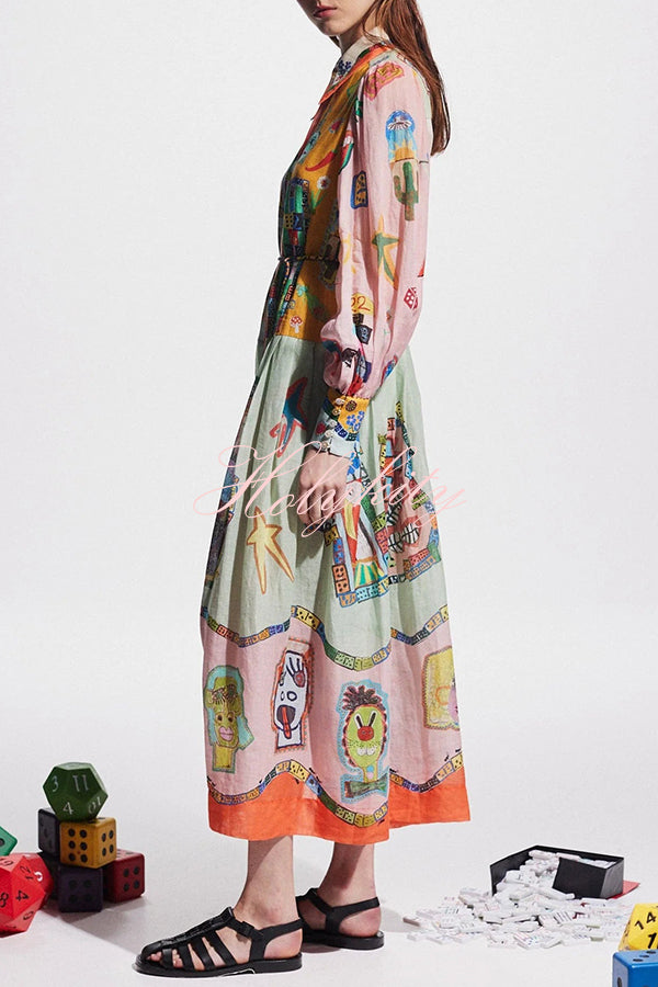 Set for Vacay Unique Print Colorblock Balloon Sleeve Belt Shirt Midi Dress-tidenox