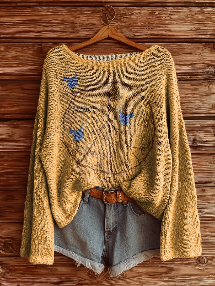 Women's Vintage Peace Love Birds Print Casual Pullover Sweater-tidenox