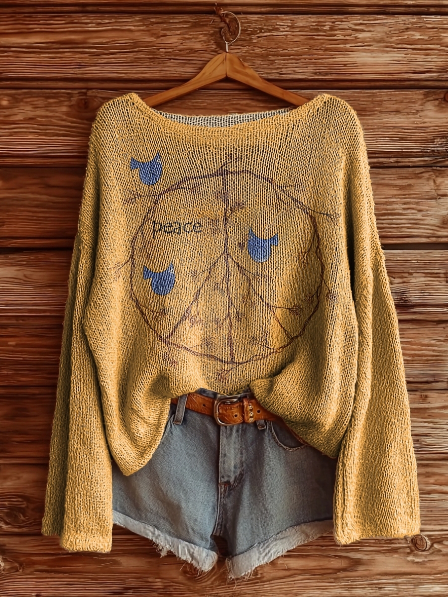 Women's Vintage Peace Love Birds Print Casual Pullover Sweater-tidenox