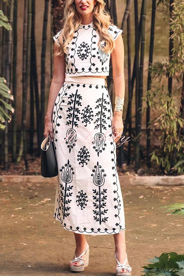 Rima Linen Blend Ethnic Print Crop Top & Tire-up Wrap Midi Skirt Set-tidenox