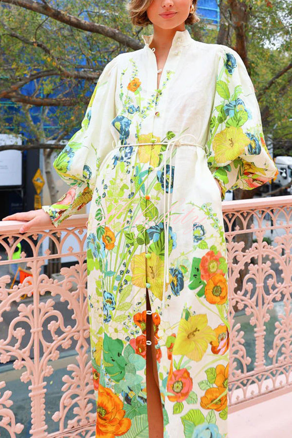 Summer Party Floral Print Balloon Sleeve Pocketed Belt Shirt Midi Dress-tidenox