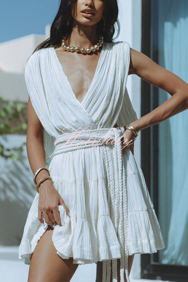 Glimpse of Happiness Linen Blend Draped Braids Belt Cover Up Mini Dress-tidenox
