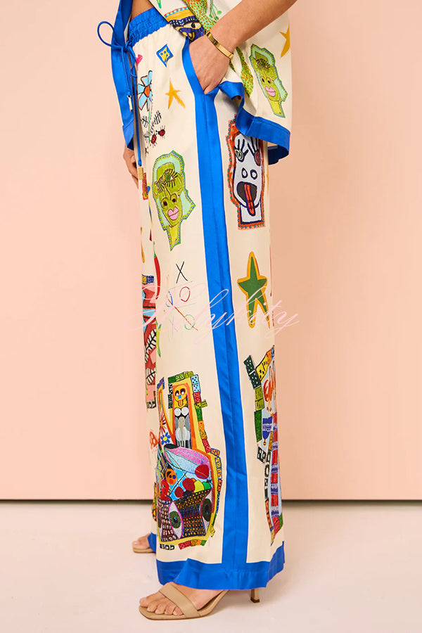 Vibrant Beach Satin Unique Print Colorblock Trim Elastic Waist Pocketed Wide Leg Pants-tidenox