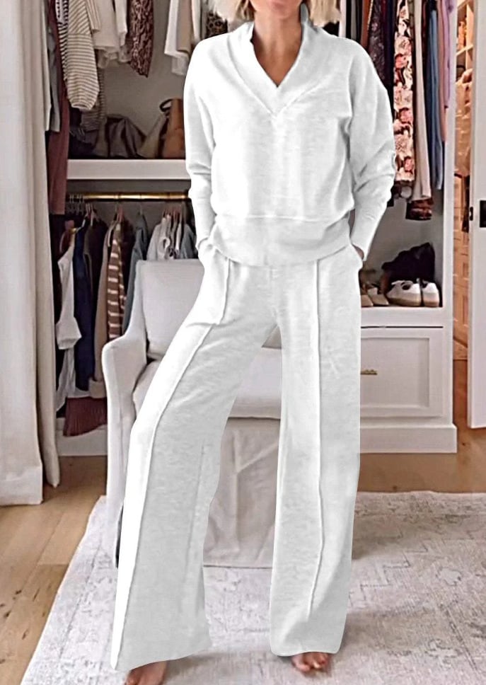 ⏰LAST DAY SAVE 49%💥Women's Solid Color V-neck Top & Pants Two-piece Set-tidenox