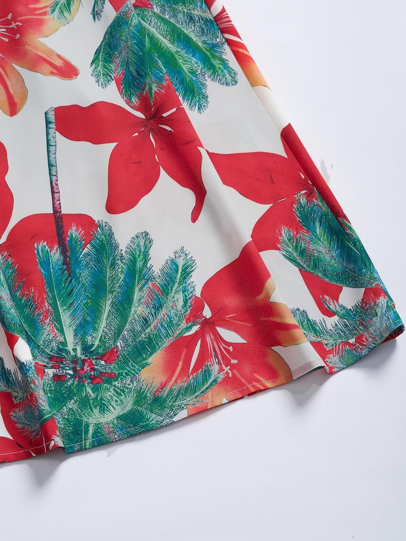 Women's Floral Print Chain Decor Split Thigh Dress-tidenox