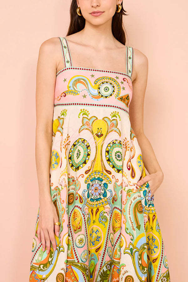 Summer Serenade Linen Blend Unique Print Tie-up Strap Smocked Pocketed Maxi Dress-tidenox