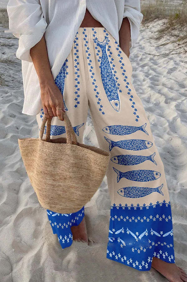 Unique Marine Print Elastic Waist Loose Pocket Pants-tidenox