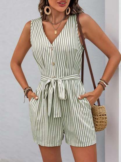 Striped V-neck Button Front Belted Romper-tidenox