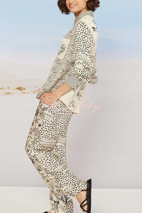 Take Me To The Ocean Satin Unique Print Long Sleeve Shirt and Elastic Waist Pocketed Pants Set-tidenox