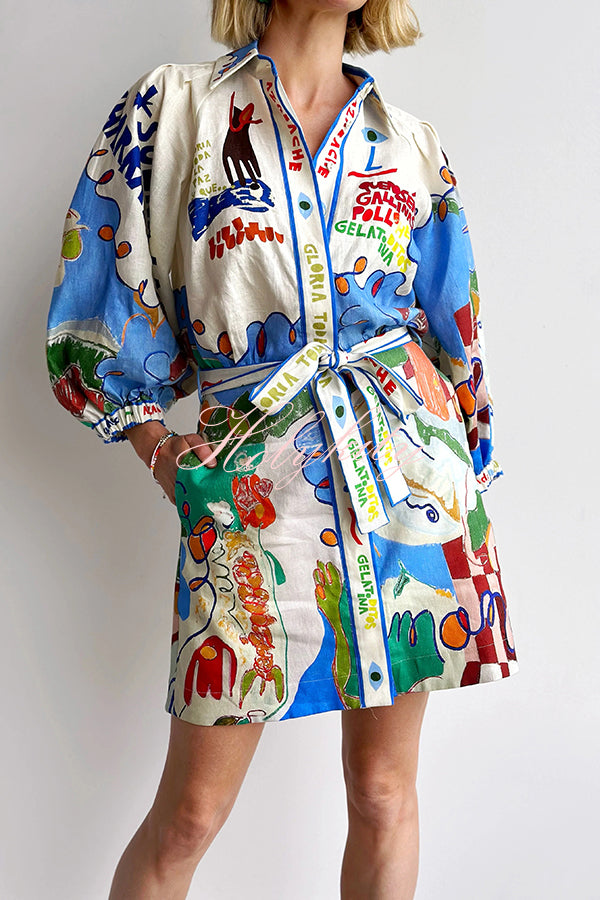 Phebe Linen Blend Unique Print Pocket Waist Tie Mini Dress-tidenox