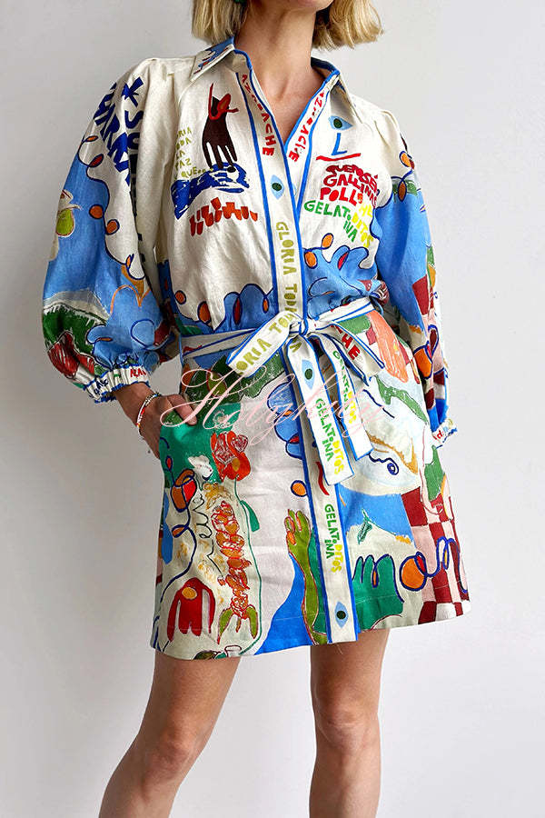 Phebe Linen Blend Unique Print Pocket Waist Tie Mini Dress-tidenox