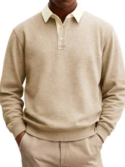 Men's Stylish Casual Everyday Cotton Long-sleeved Lapel Sweatshirt Polo Shirt With A Patchwork Collar-tidenox