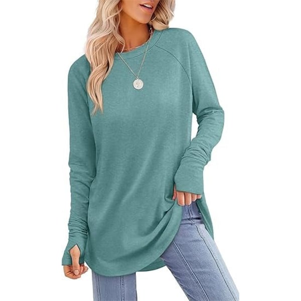 Womens Tunic Tops to Wear with Leggings Long Sleeve Thumb Hole Shirts Crew Neck Curved Hem-tidenox
