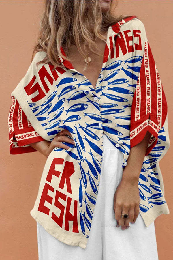 Unique Marine Print Casual Loose Shirt Top-tidenox