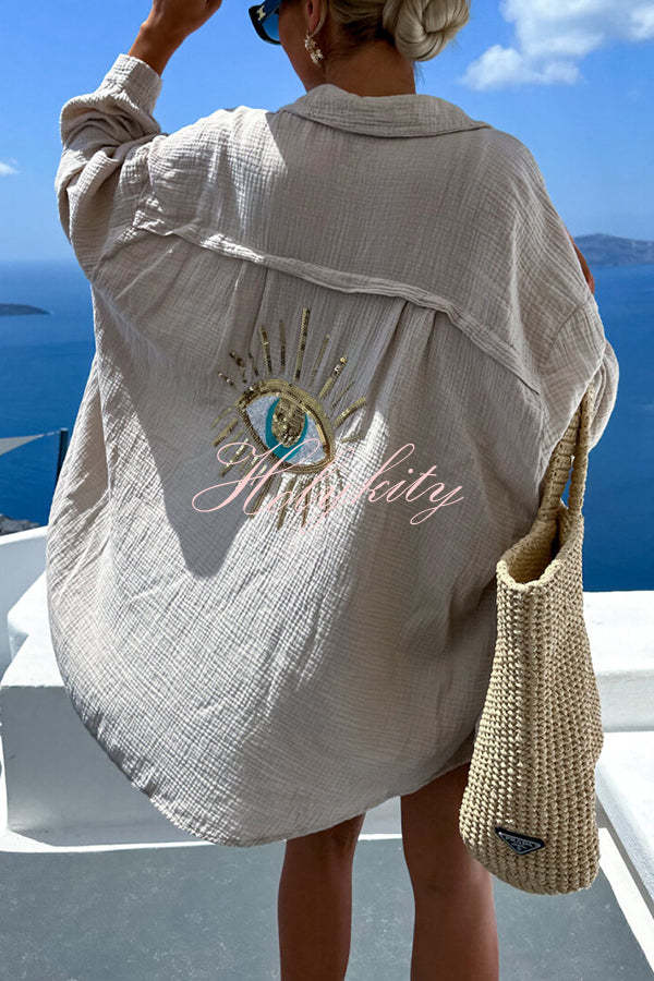 Summer Breeze Linen Blend Sequin Magic Eye Desig Oversized Relax Shirt-tidenox