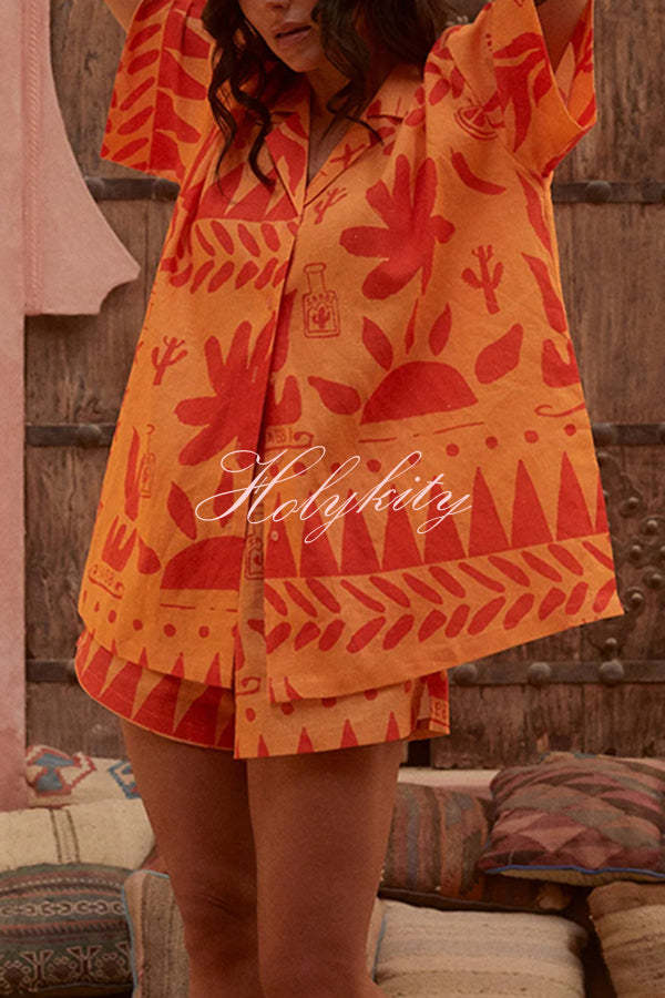 Summer Calls Unique Printed Loose Shirt and Elastic Waist Shorts Set-tidenox