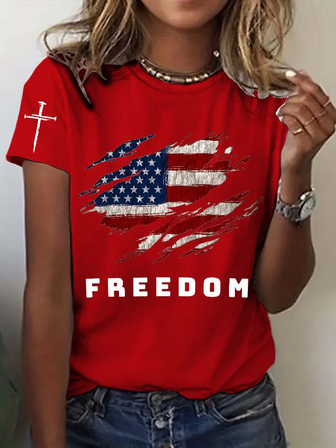 Women's Freedom American Flag Print Casual T-shirt-tidenox
