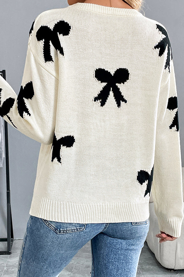Christmas Contrast Bow Round Neck Long Sleeve Loose Knitted Sweater-tidenox