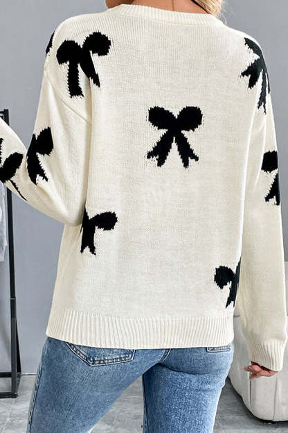 Christmas Contrast Bow Round Neck Long Sleeve Loose Knitted Sweater-tidenox