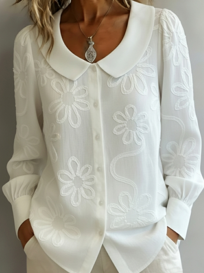 Elegant Peter Pan Collar Embroidered Floral Shirt