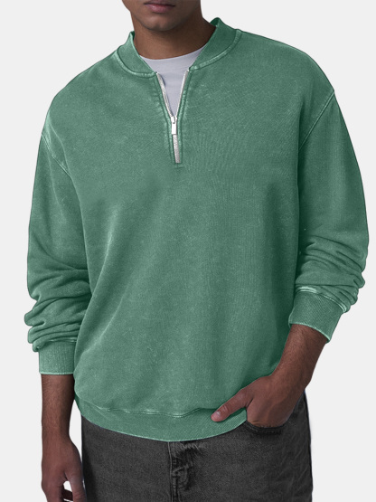 Men's Retro Casual Baseball Collar Zip Long Sleeve Top-tidenox