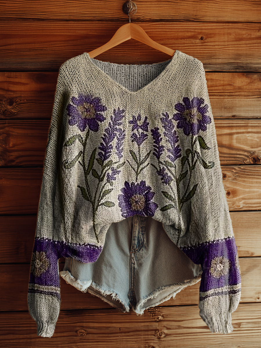 Women's Bohemian Floral Art Print Casual Pullover Sweater-tidenox