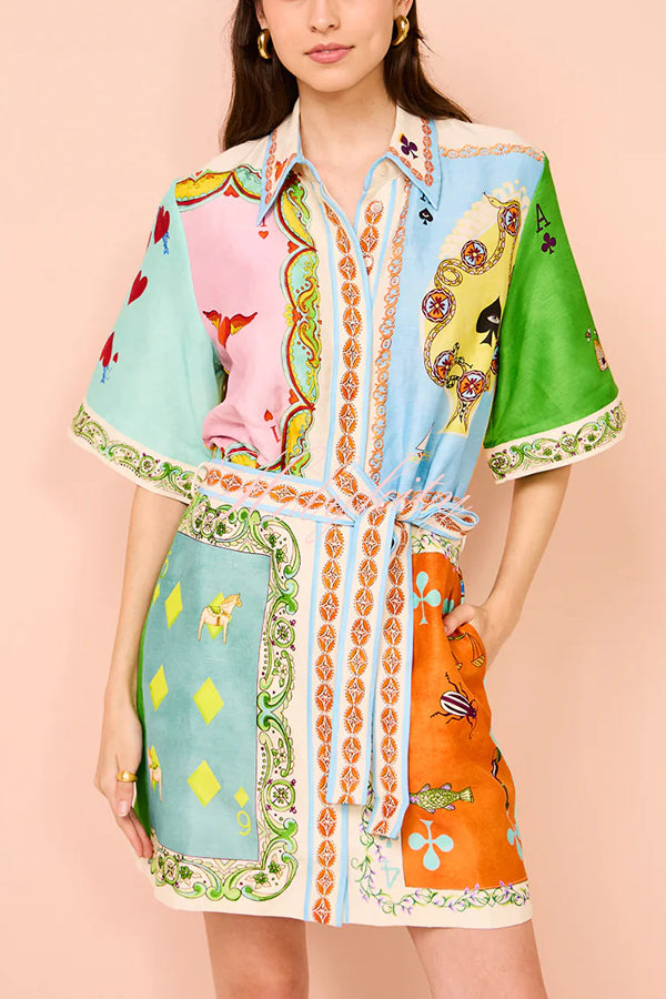 Linen Blend Unique Printed Short Sleeved Pocket Tie Waist Mini Dress(One Size Up)-tidenox