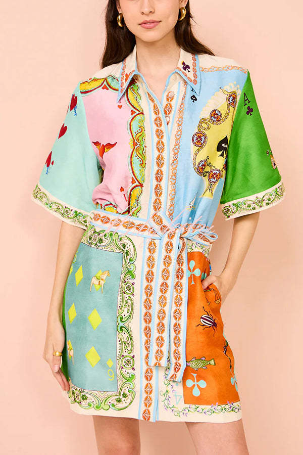 Linen Blend Unique Printed Short Sleeved Pocket Tie Waist Mini Dress(One Size Up)-tidenox