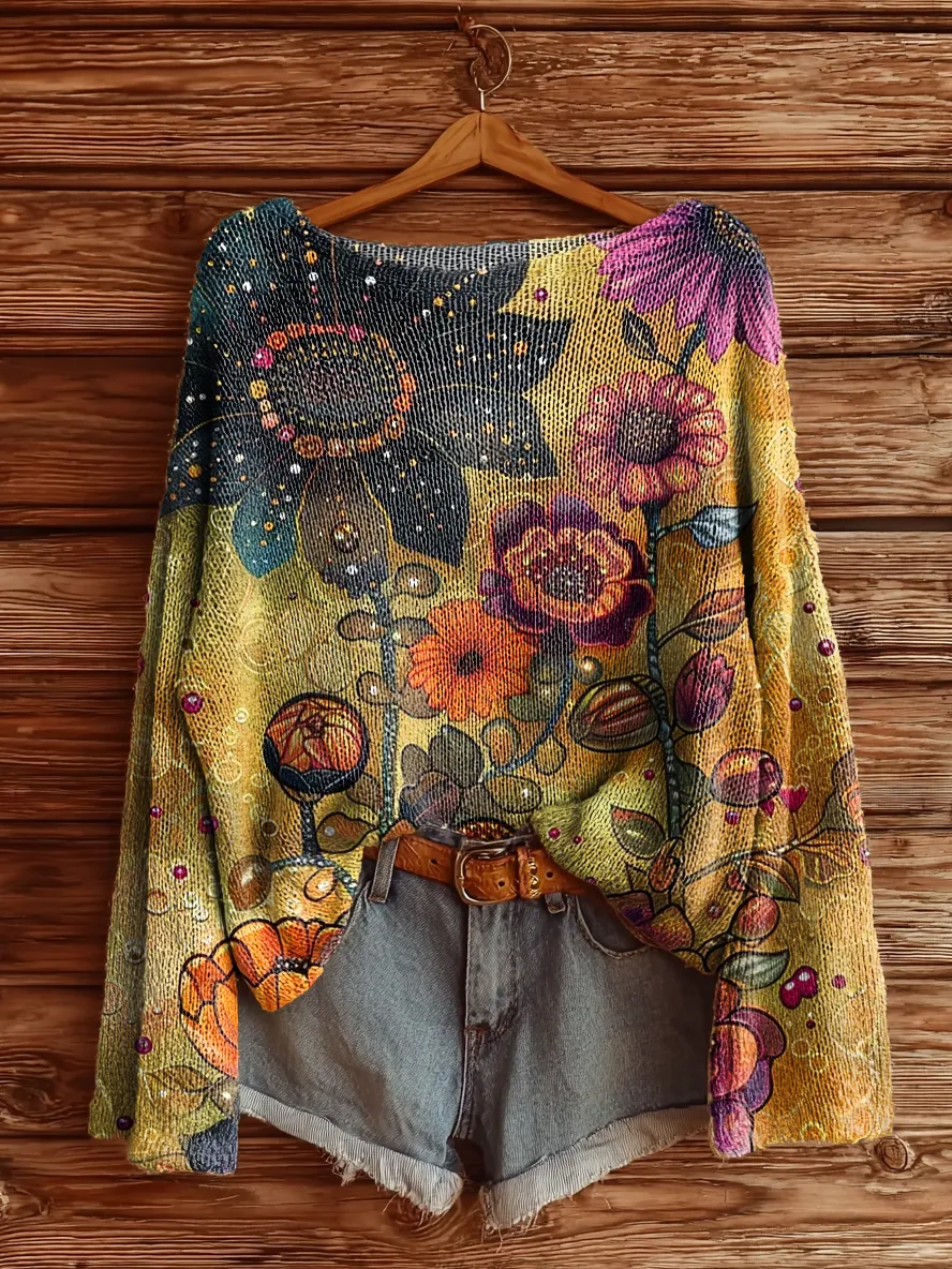 Women's Vintage Floral Art Print Casual Pullover Sweater