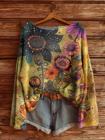 Women's Vintage Floral Art Print Casual Pullover Sweater