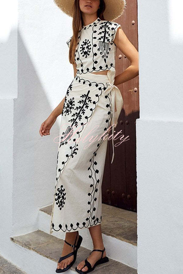 Rima Linen Blend Ethnic Print Crop Top & Tire-up Wrap Midi Skirt Set-tidenox