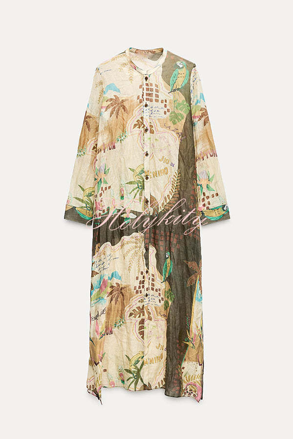 Cayla Linen Blend Unique Print Button Long Sleeve Shirt Midi Dress-tidenox
