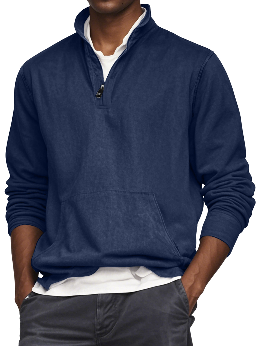 Men's Quarter Zip Pocket Washed Distressed Vintage Long Sleeve T-shirt-tidenox