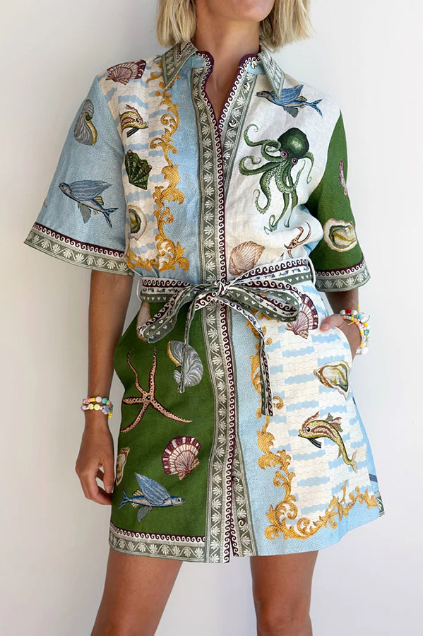 Deep Sea Dreaming Linen Blend Unique Print Tie-up Pocketed Shirt Mini Dress-tidenox