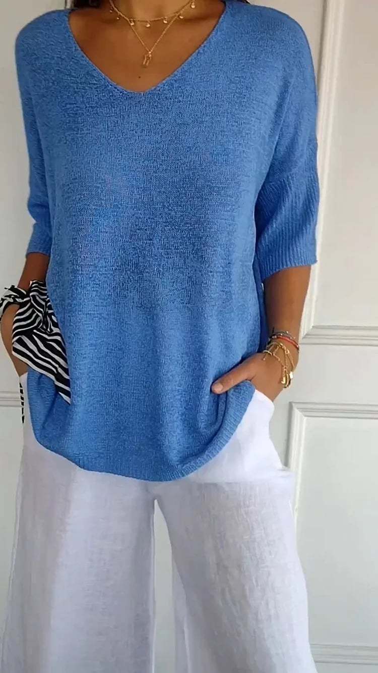 Solid Color Knitted V-neck Top-tidenox