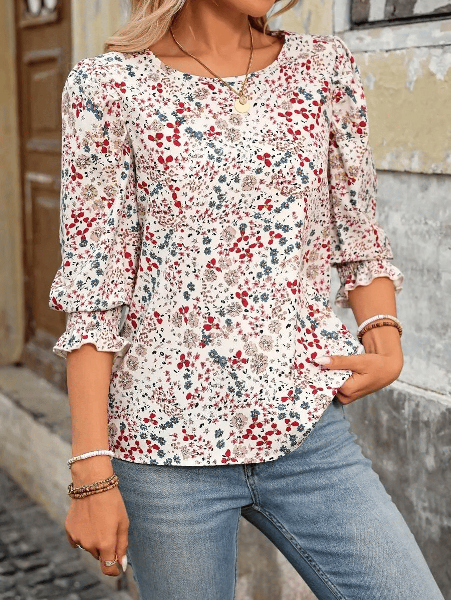 Hot Sale-Women Dressy Casual 3/4 Length Sleeve Blouses with Smocked Cuffs-tidenox