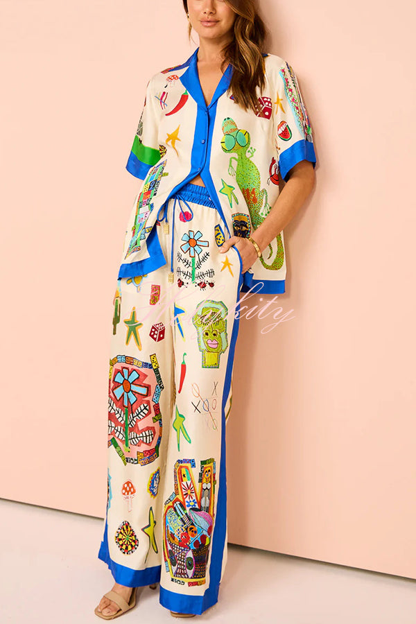Vibrant Beach Satin Unique Print Colorblock Trim Elastic Waist Pocketed Wide Leg Pants-tidenox