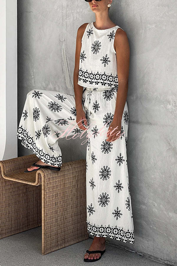 Unique Printed Round Neck Sleeveless Button Top and Elastic Waist Pocket Wide Leg Pants Set-tidenox