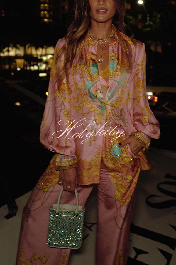 Mermaid Motel Unique Print Long Sleeve Loose Shirt and Elastic Waist Pants Set-tidenox