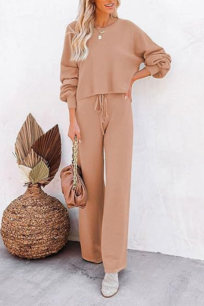Round Neck Loose Fit Cozy Two-Piece Set-tidenox