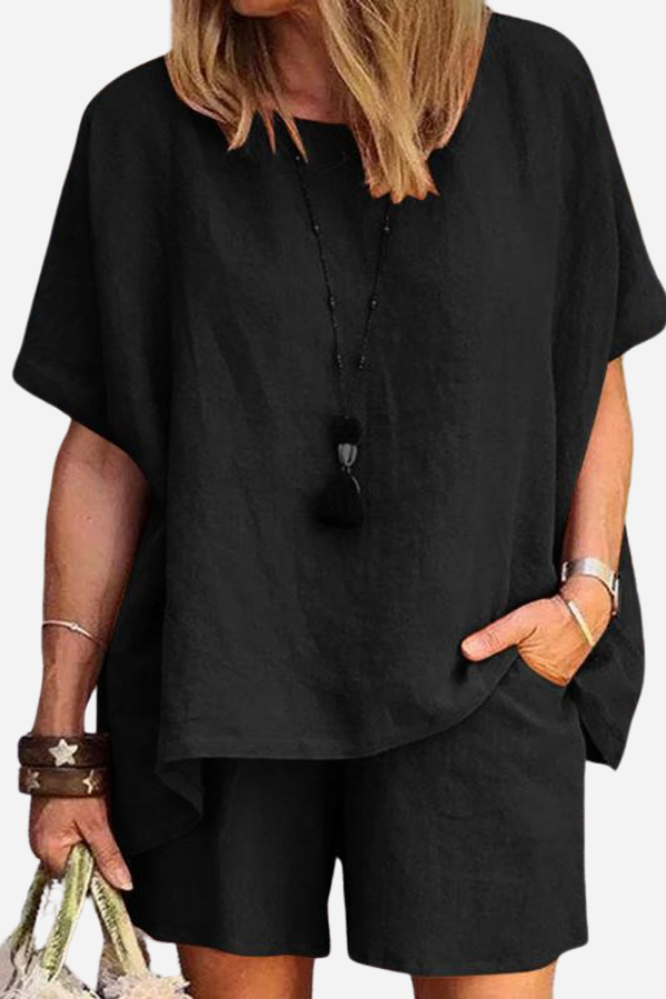 Comfy Linen-like Shirt & Shorts Two-Piece Set-tidenox