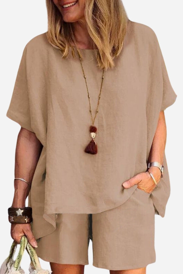 Comfy Linen-like Shirt & Shorts Two-Piece Set-tidenox