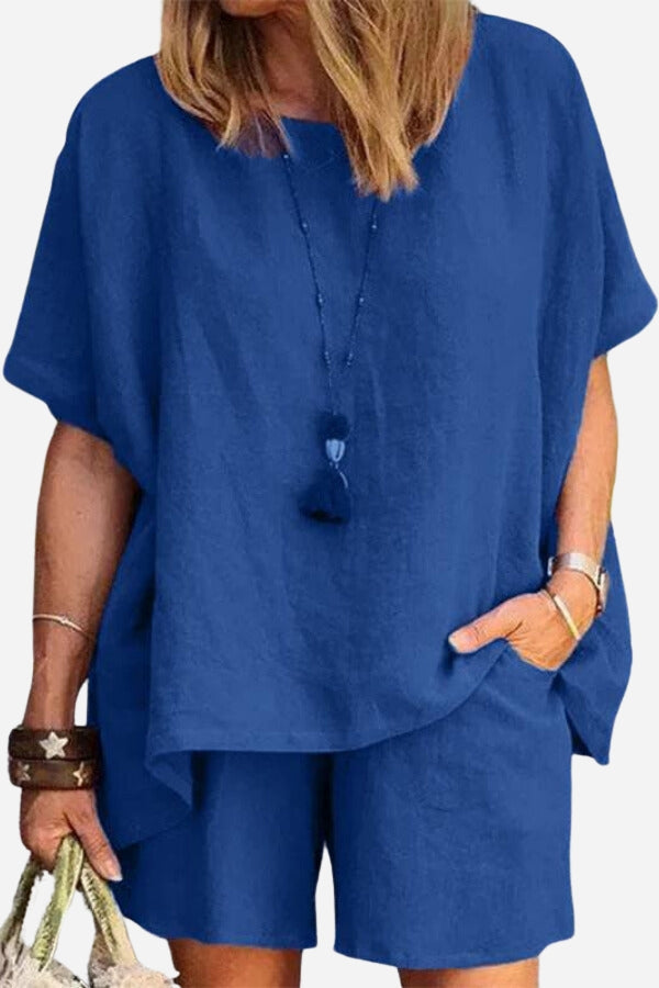 Comfy Linen-like Shirt & Shorts Two-Piece Set-tidenox