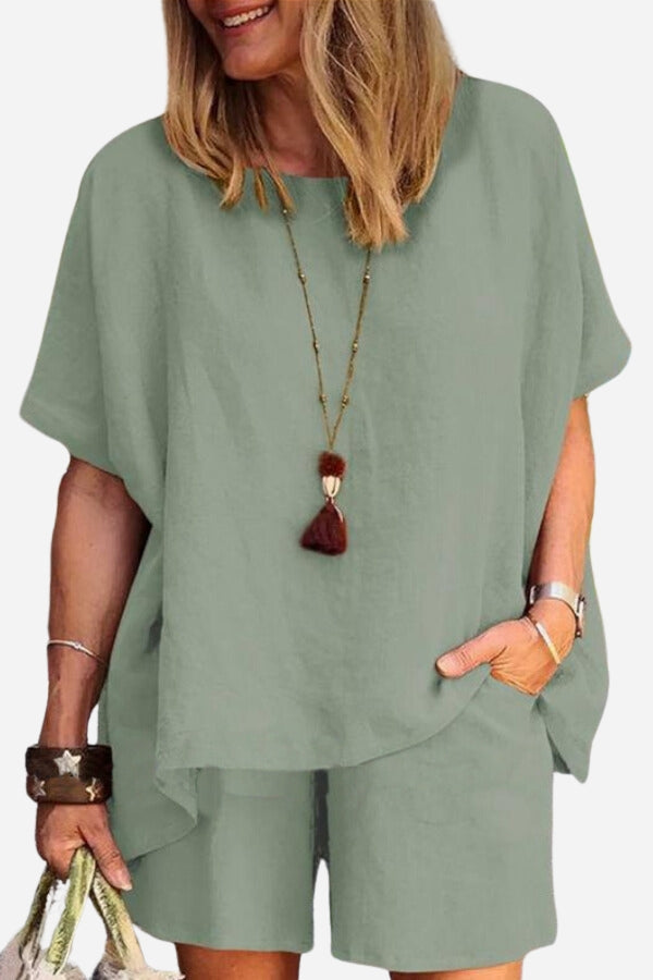 Comfy Linen-like Shirt & Shorts Two-Piece Set-tidenox