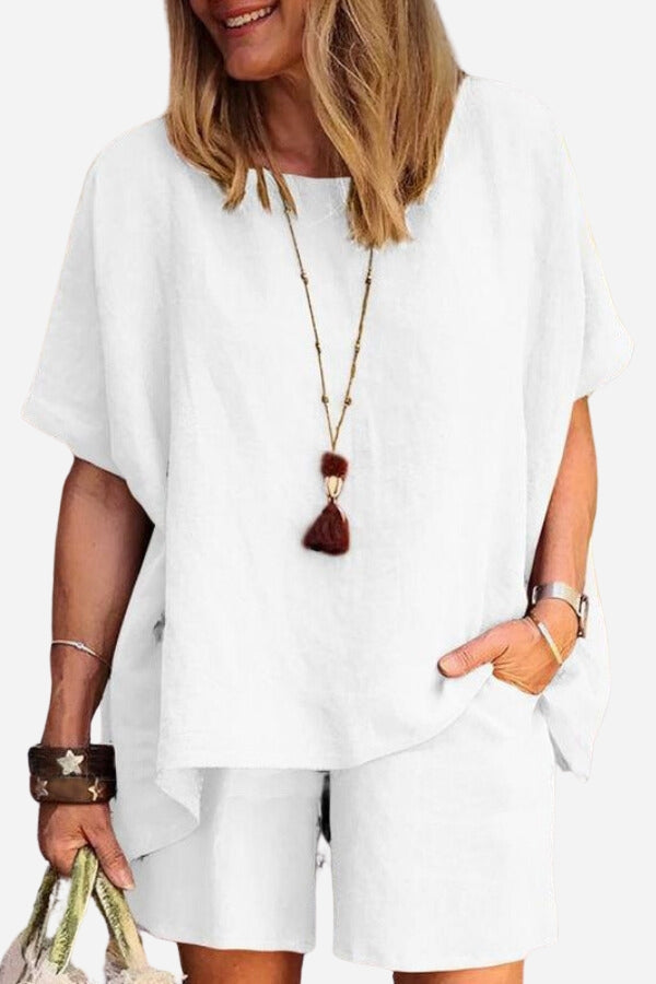 Comfy Linen-like Shirt & Shorts Two-Piece Set-tidenox