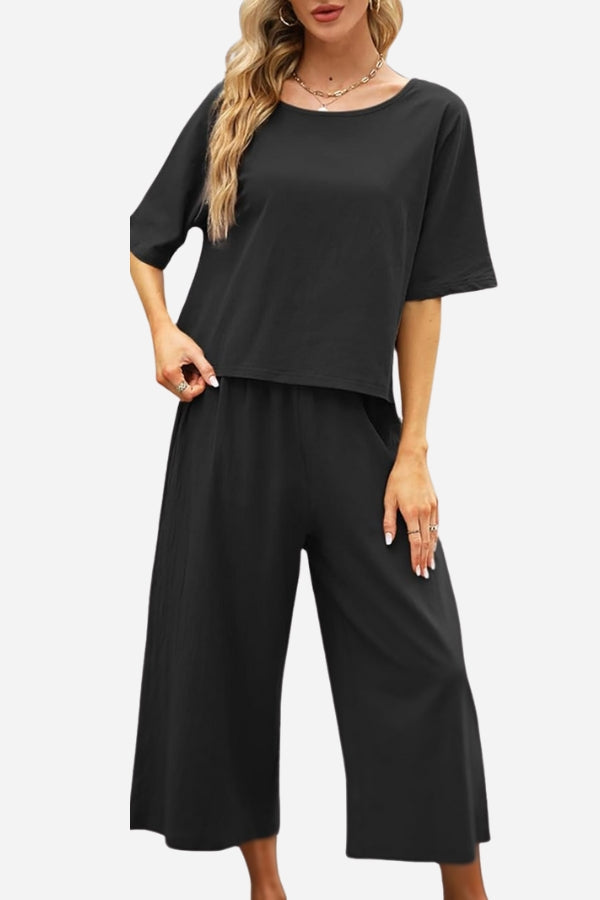 Loose Solid Color Short Sleeves Two-Piece Set-tidenox