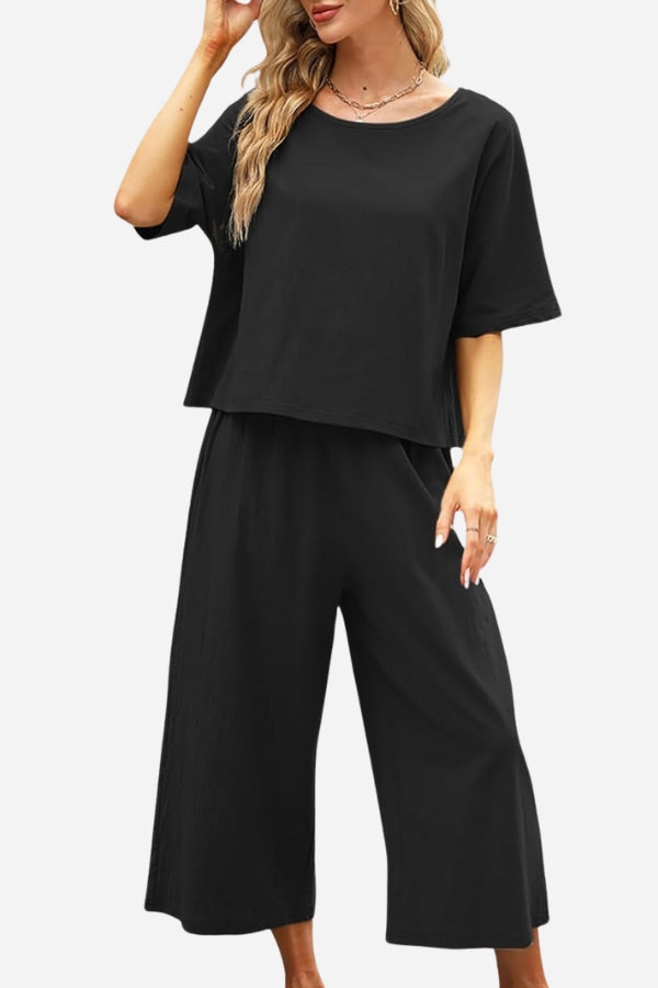 Loose Solid Color Short Sleeves Two-Piece Set-tidenox