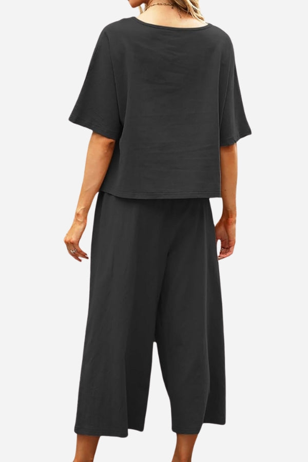 Loose Solid Color Short Sleeves Two-Piece Set-tidenox