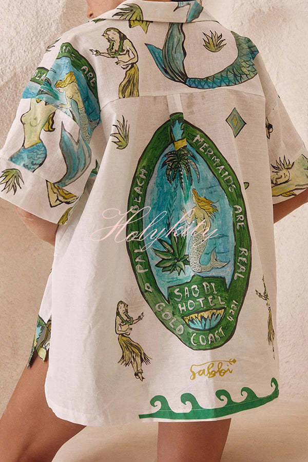 Linen Blend Mermaid Print Shirt Top and Elastic Waisted Loose Shorts Set-tidenox