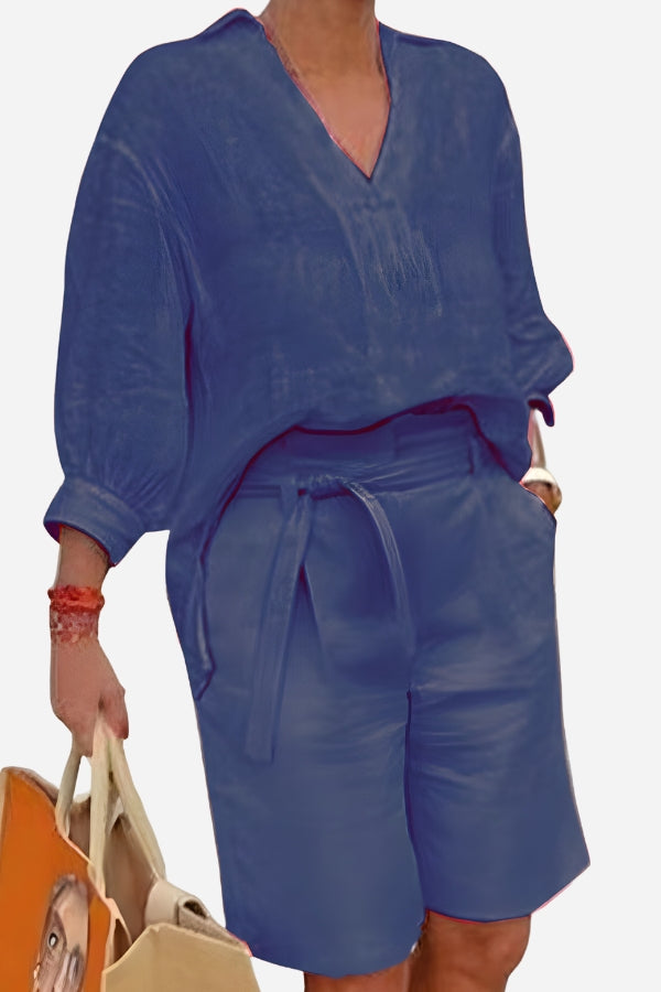 Stay Cool & Classy: Two-piece Set With Loose Shirt & High-waisted Shorts-tidenox